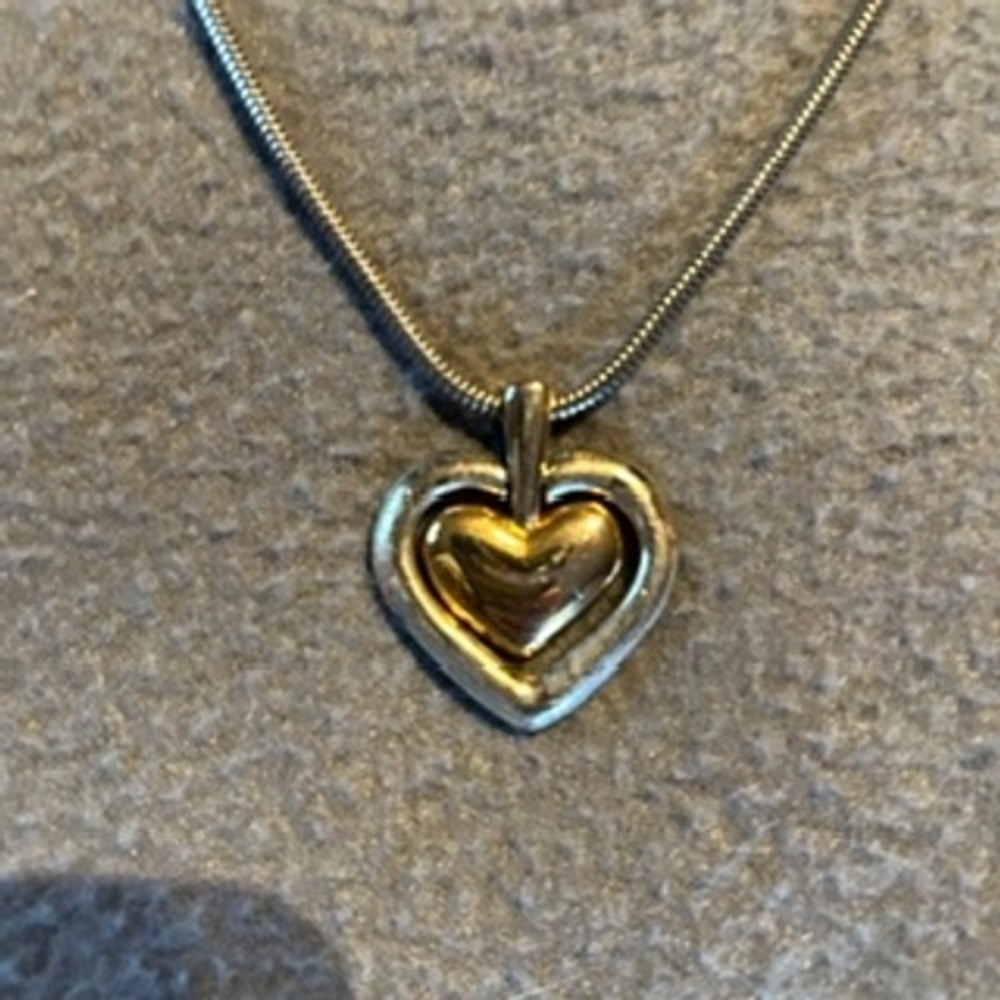 Two Tone Heart Pendant Necklace Snake Chain Silver Gold Tone Mixed Metal 17 Inch